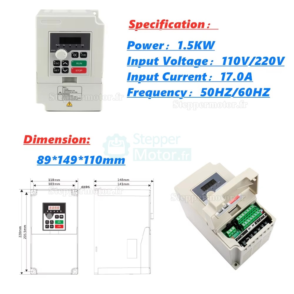 Variateur de fr&eacute;quence (VFD) Handi H100-1.5C2 / H100-1.5S2 monophas&eacute;/triphas&eacute; 1,5 kW 110 V/220 V